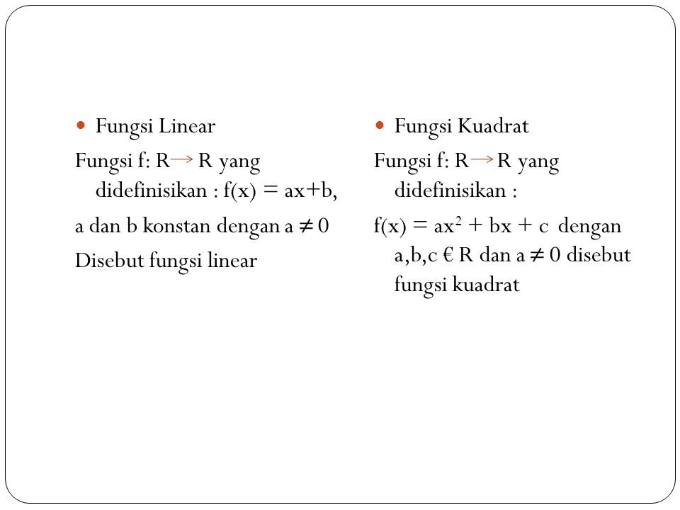 Fungsi Linear Fungsi f: R R yang didefinisikan : f(x) = ax+b, a dan b konstan dengan a ≠ 0. Disebut fungsi linear.