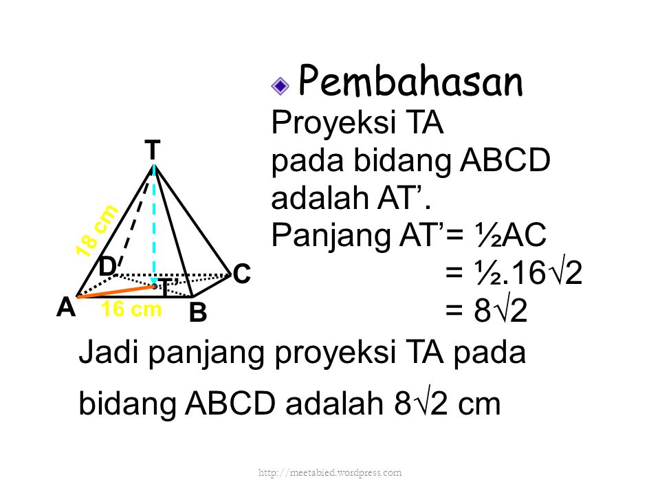Jadi panjang proyeksi TA pada bidang ABCD adalah 8√2 cm