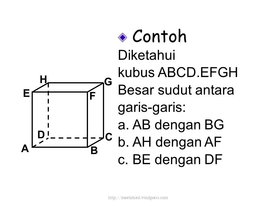 Contoh Diketahui kubus ABCD.EFGH Besar sudut antara garis-garis: