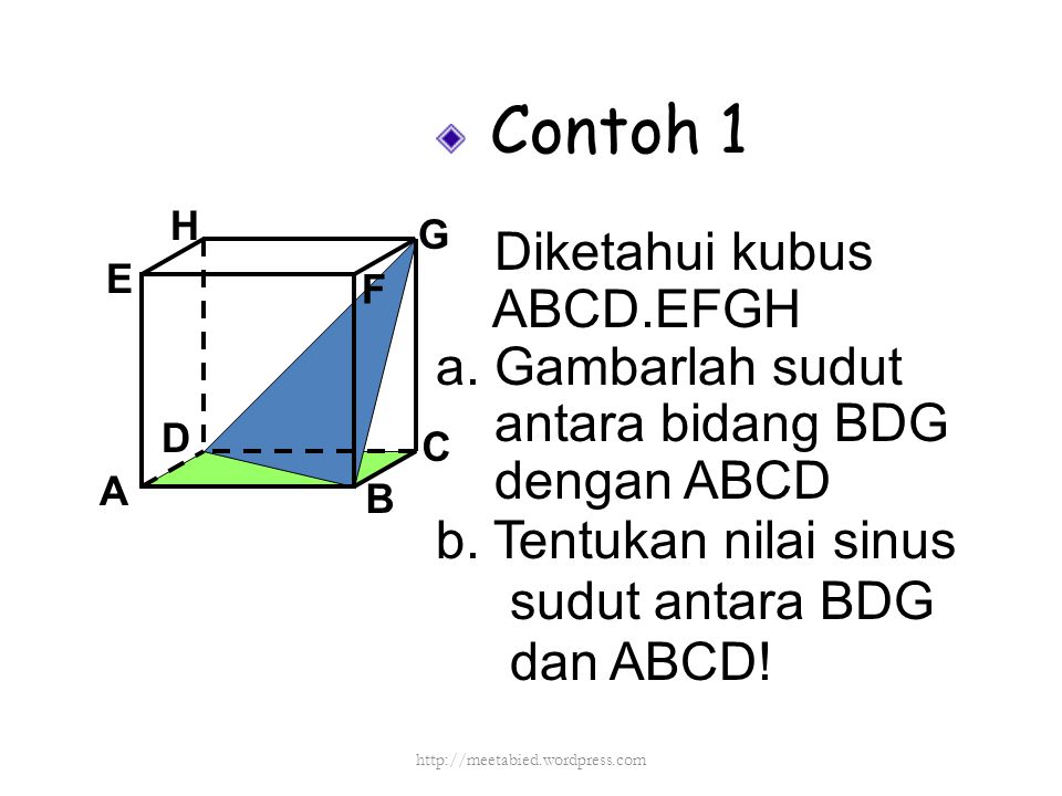 Contoh 1 Diketahui kubus ABCD.EFGH a. Gambarlah sudut