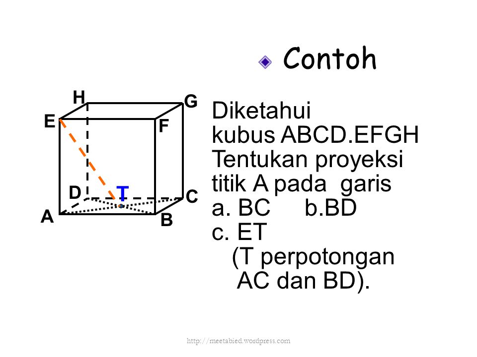 Contoh Diketahui kubus ABCD.EFGH Tentukan proyeksi titik A pada garis