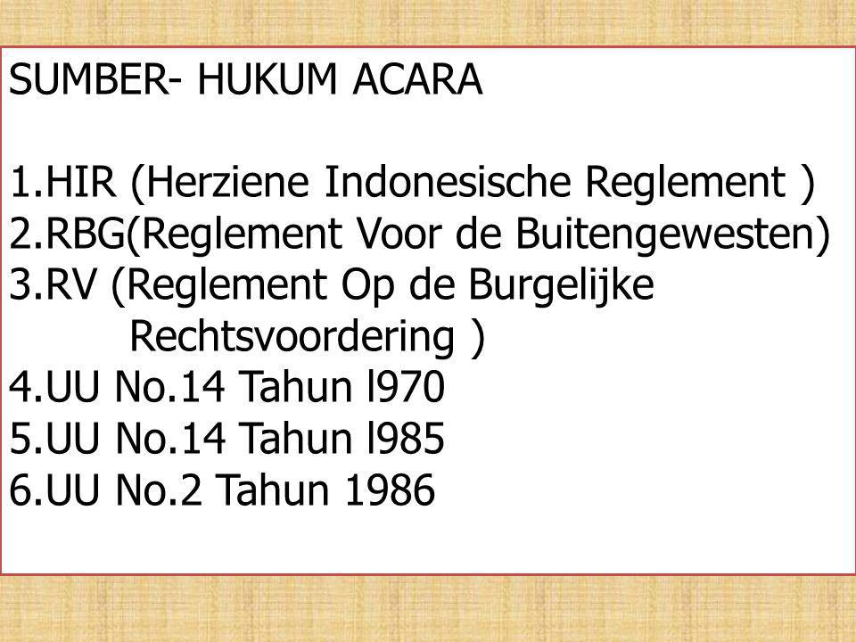SUMBER- HUKUM ACARA 1.HIR (Herziene Indonesische Reglement ) 2.RBG(Reglement Voor de Buitengewesten)