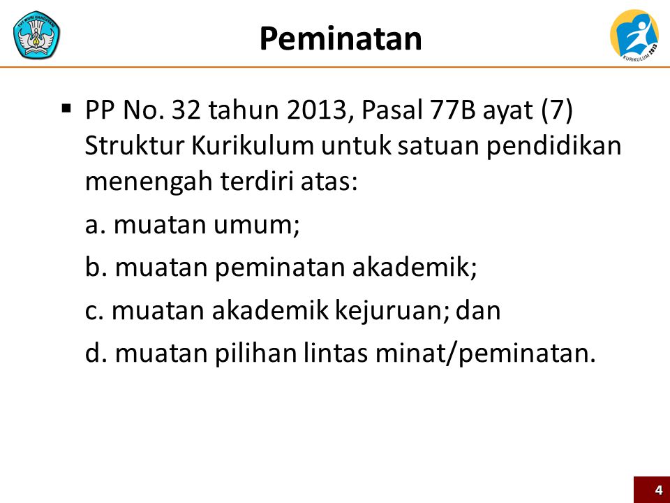 Peminatan PP No. 32 tahun 2013, Pasal 77B ayat (7) Struktur Kurikulum untuk satuan pendidikan menengah terdiri atas: