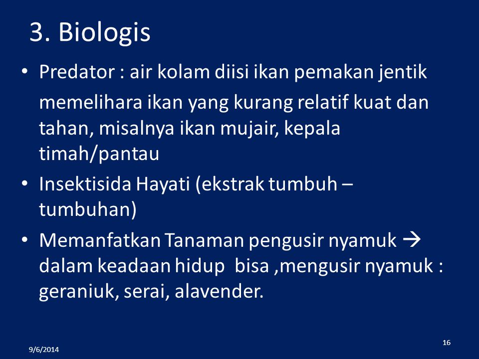 3. Biologis Predator : air kolam diisi ikan pemakan jentik