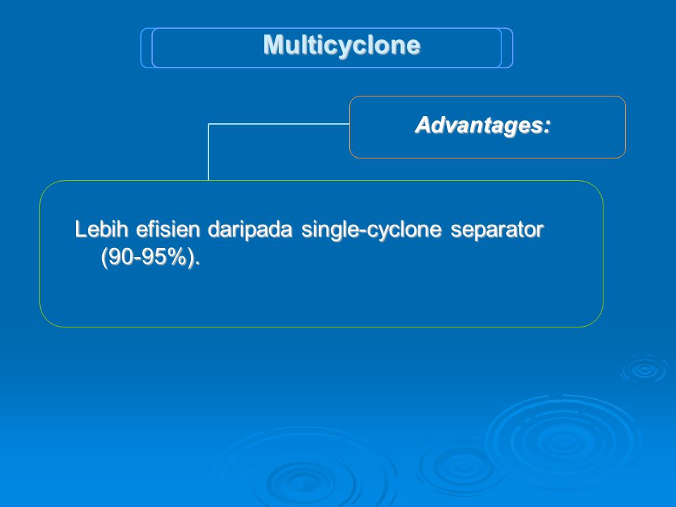Multicyclone Lebih efisien daripada single-cyclone separator (90-95%).