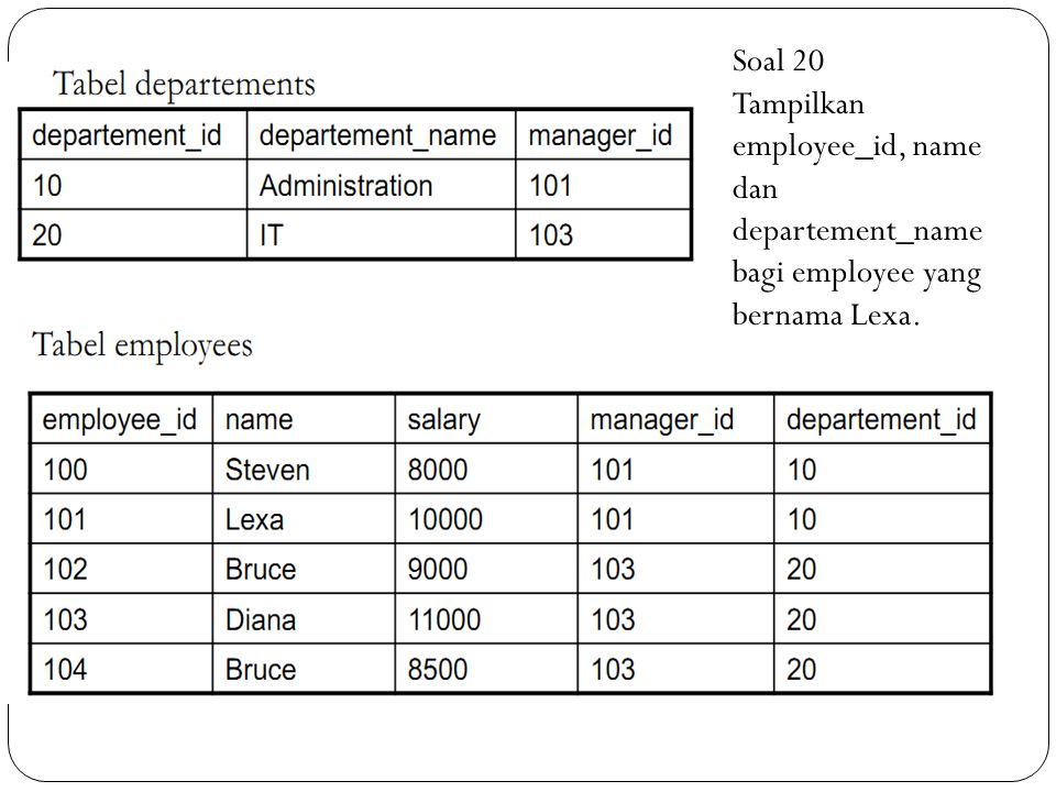 Soal 20 Tampilkan employee_id, name dan departement_name bagi employee yang bernama Lexa.