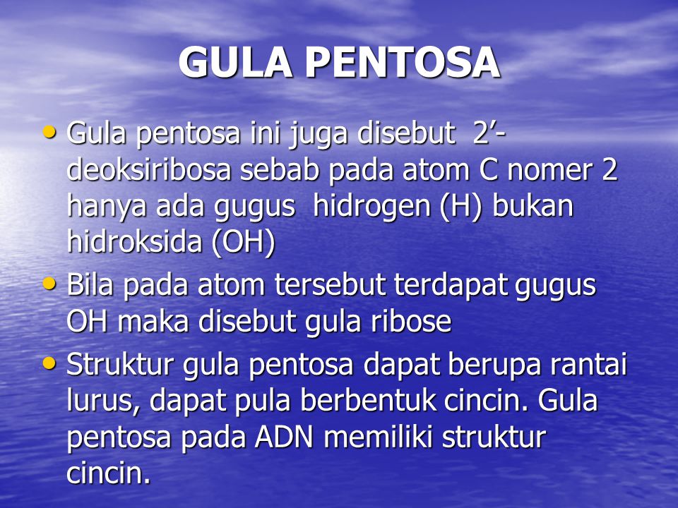 GULA PENTOSA Gula pentosa ini juga disebut 2’-deoksiribosa sebab pada atom C nomer 2 hanya ada gugus hidrogen (H) bukan hidroksida (OH)