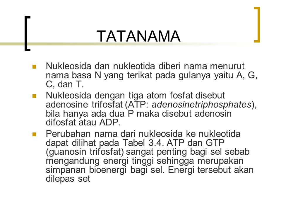TATANAMA Nukleosida dan nukleotida diberi nama menurut nama basa N yang terikat pada gulanya yaitu A, G, C, dan T.