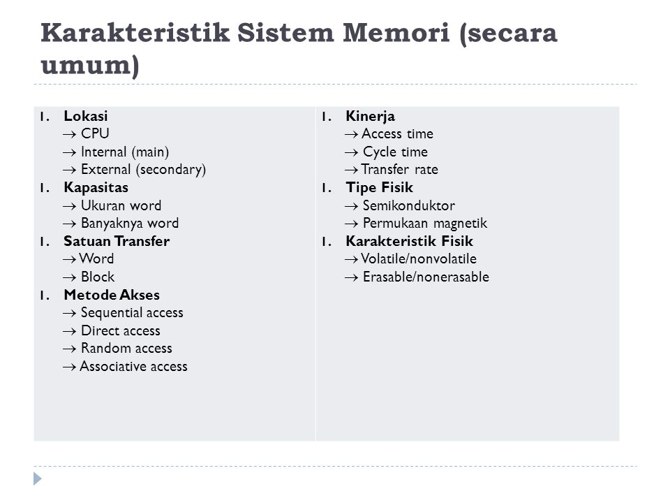 Karakteristik Sistem Memori (secara umum)