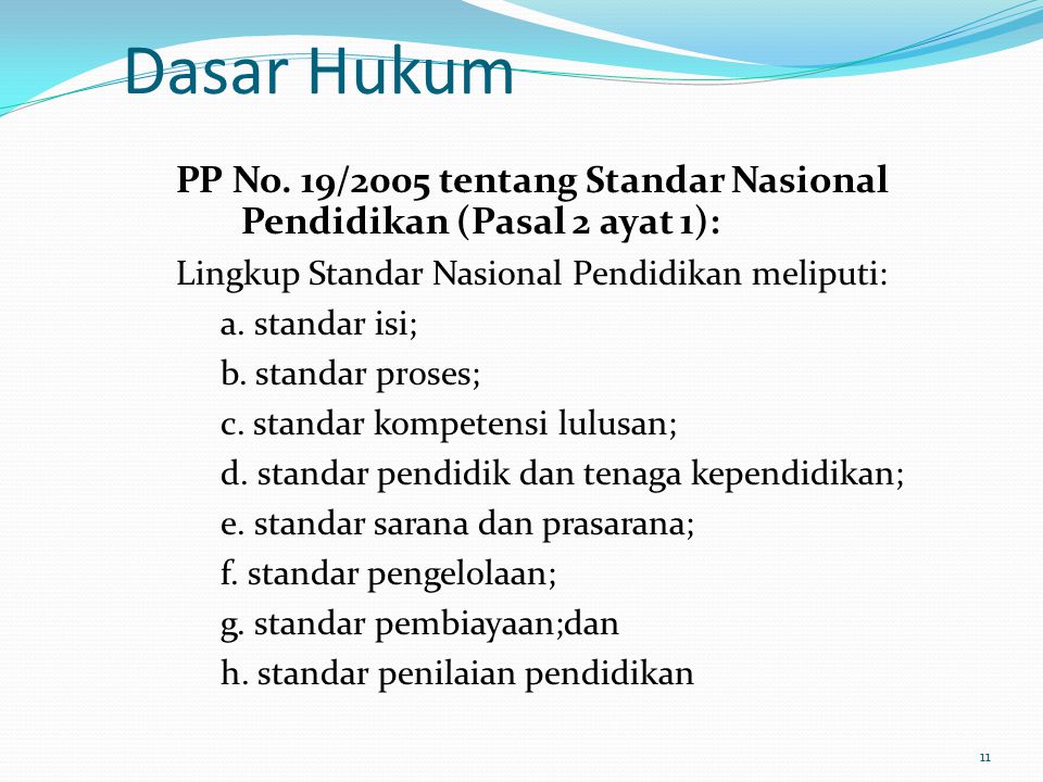 Dasar Hukum PP No. 19/2005 tentang Standar Nasional Pendidikan (Pasal 2 ayat 1): Lingkup Standar Nasional Pendidikan meliputi: