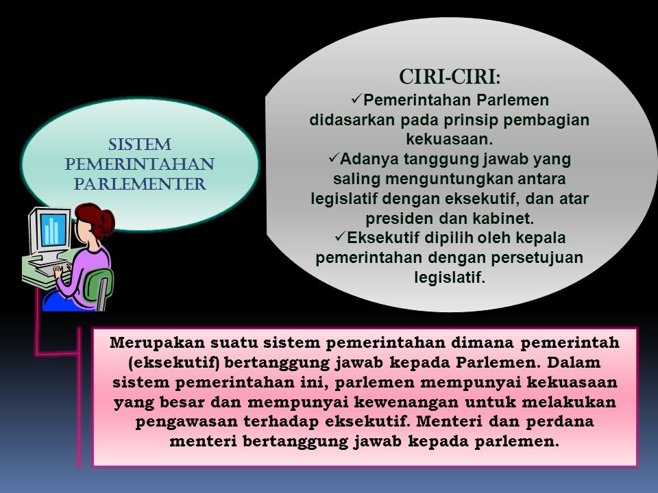 CIRI-CIRI: Pemerintahan Parlemen didasarkan pada prinsip pembagian kekuasaan.