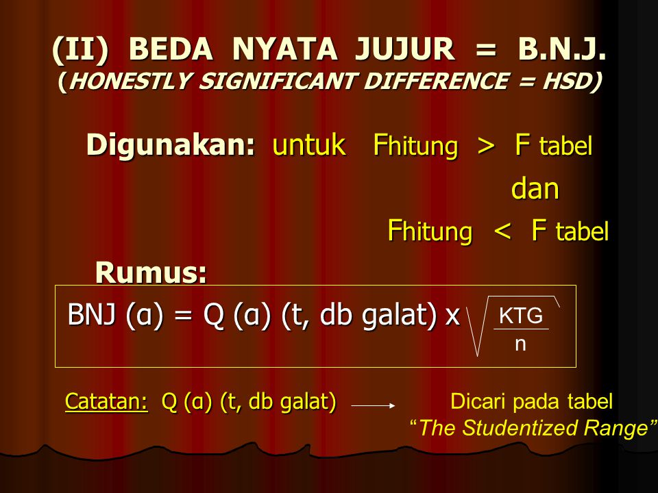 (II) BEDA NYATA JUJUR = B.N.J. (HONESTLY SIGNIFICANT DIFFERENCE = HSD)