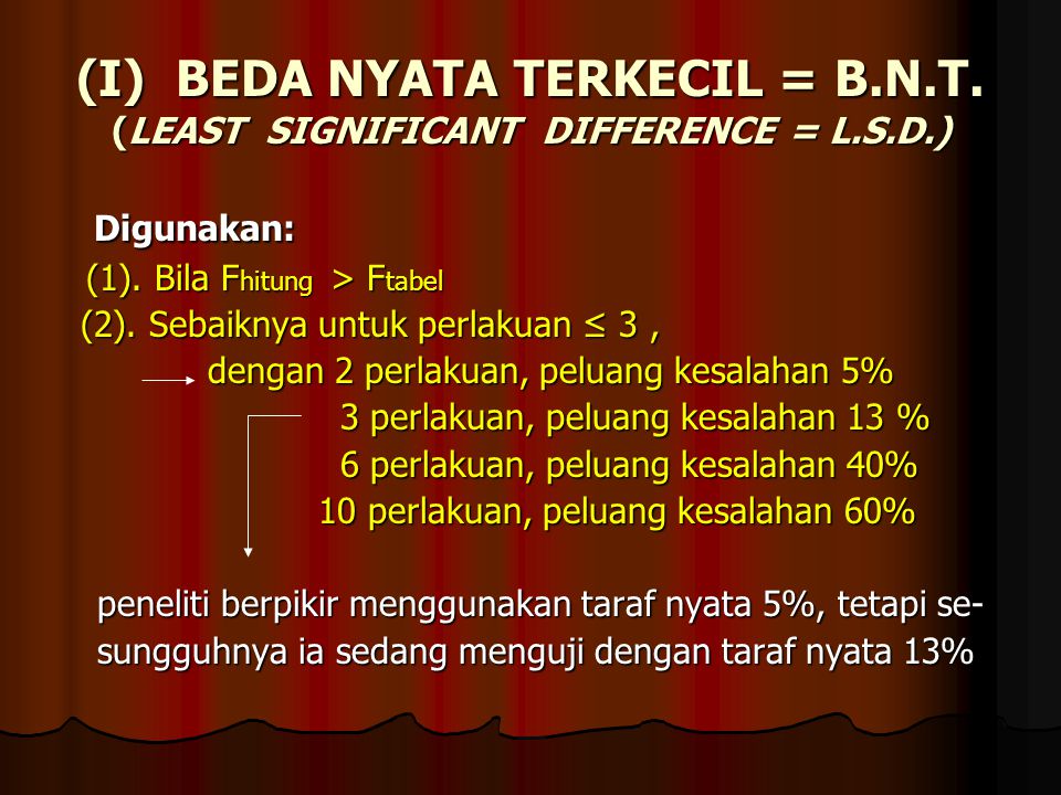 (I) BEDA NYATA TERKECIL = B.N.T. (LEAST SIGNIFICANT DIFFERENCE = L.S.D.)