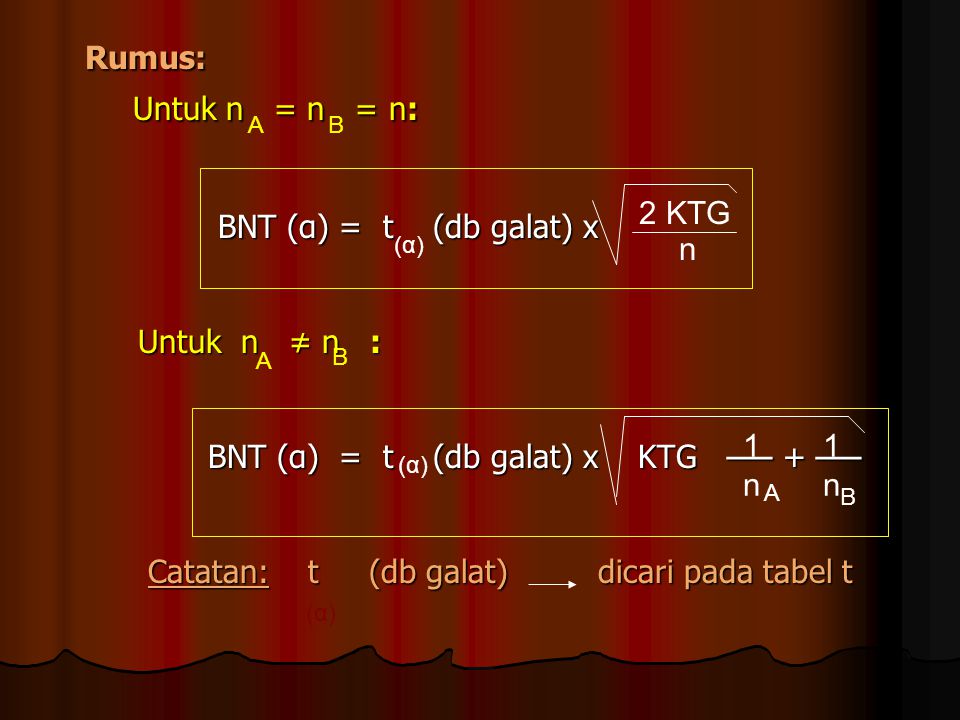 Rumus: Untuk n = n = n: BNT (α) = t (db galat) x Untuk n ≠ n :