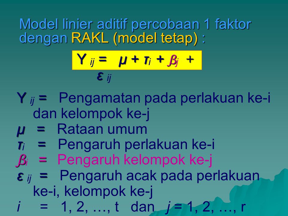 Model linier aditif percobaan 1 faktor dengan RAKL (model tetap) :