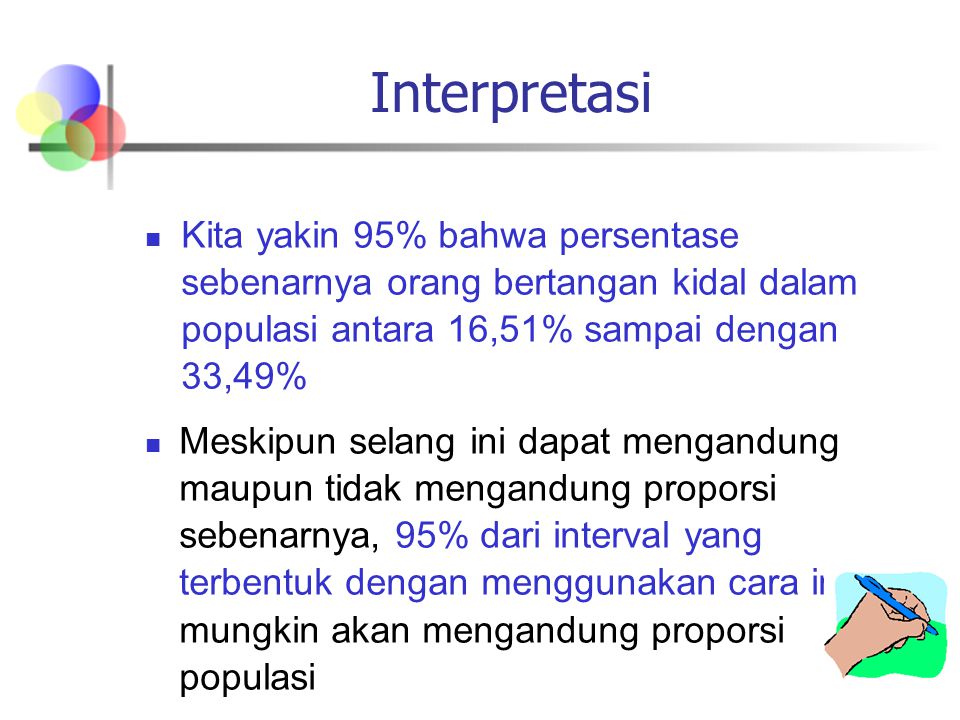 Interpretasi Kita yakin 95% bahwa persentase sebenarnya orang bertangan kidal dalam populasi antara 16,51% sampai dengan 33,49%