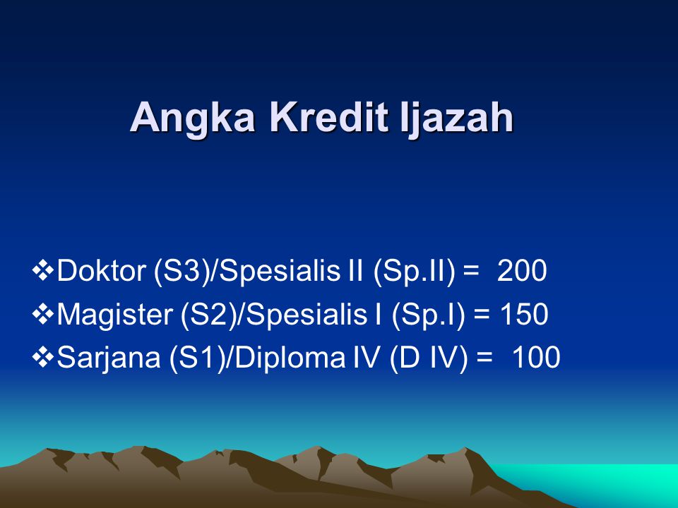 Angka Kredit Ijazah Doktor (S3)/Spesialis II (Sp.II) = 200