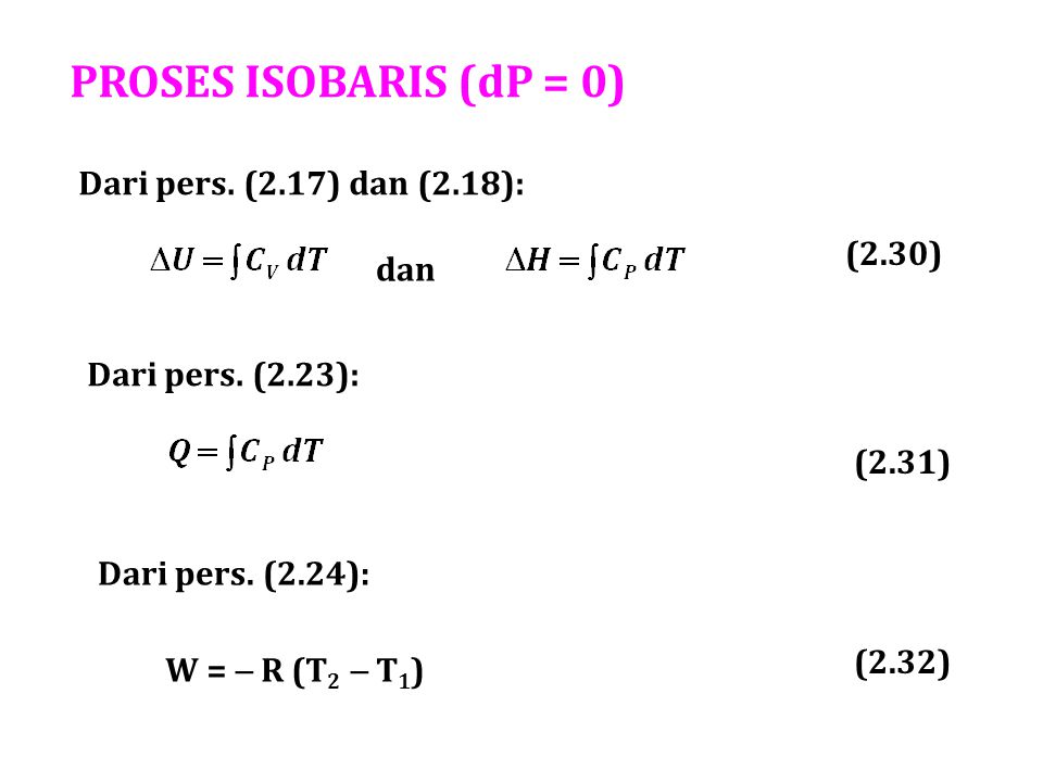 PROSES ISOBARIS (dP = 0) Dari pers. (2.17) dan (2.18): (2.30) dan