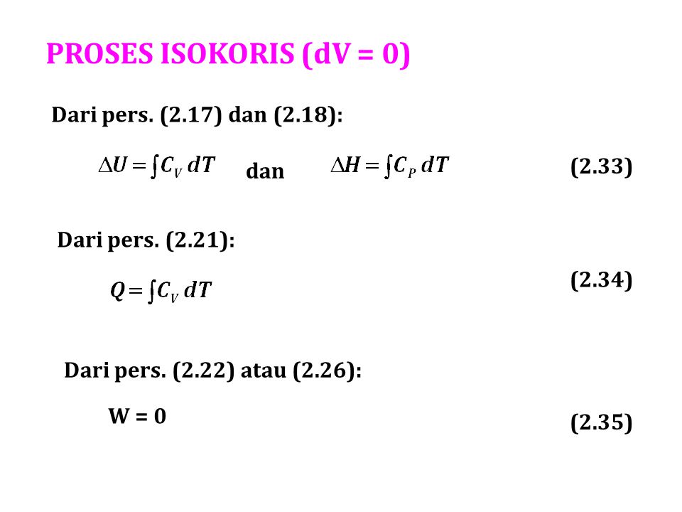 PROSES ISOKORIS (dV = 0) Dari pers. (2.17) dan (2.18): (2.33) dan