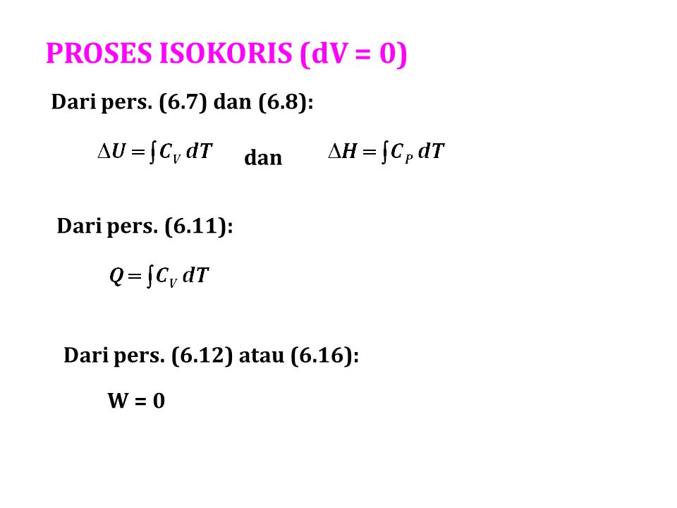 PROSES ISOKORIS (dV = 0) Dari pers. (6.7) dan (6.8): dan
