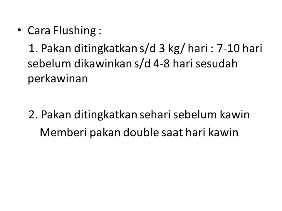 Cara Flushing : 1. Pakan ditingkatkan s/d 3 kg/ hari : 7-10 hari sebelum dikawinkan s/d 4-8 hari sesudah perkawinan.