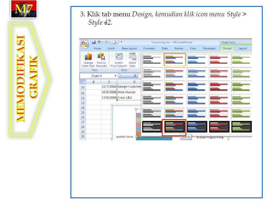 m7 3. Klik tab menu Design, kemudian klik icon menu Style > Style 42. MEMODIFIKASI GRAFIK