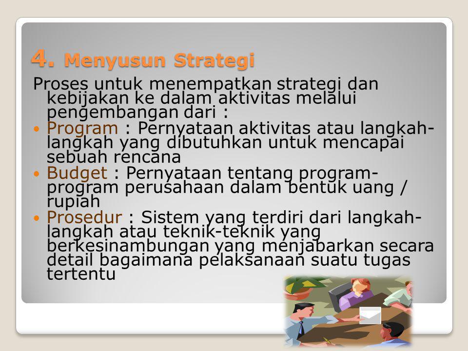 4. Menyusun Strategi Proses untuk menempatkan strategi dan kebijakan ke dalam aktivitas melalui pengembangan dari :