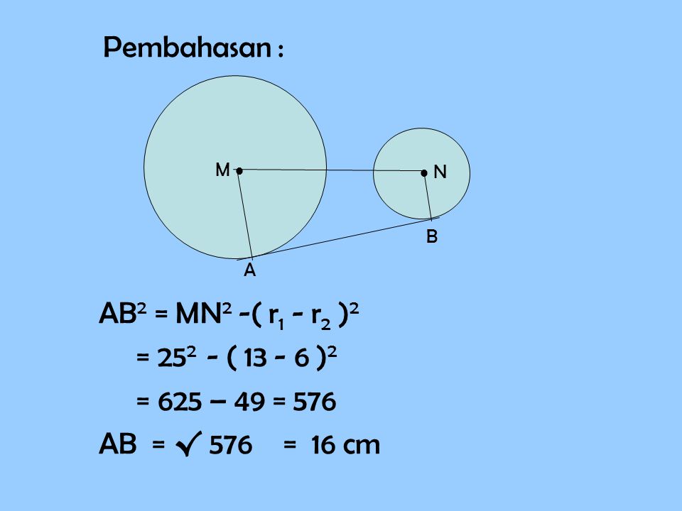 Pembahasan : AB2 = MN2 -( r1 - r2 )2 = ( )2