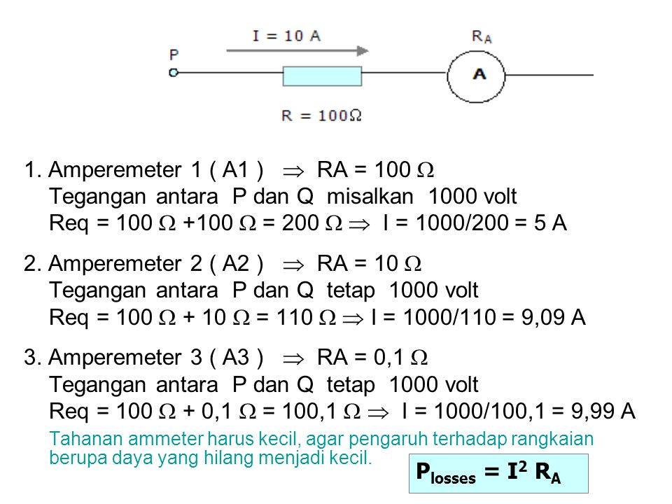 1. Amperemeter 1 ( A1 )  RA = 100  Tegangan antara P dan Q misalkan 1000 volt. Req = 100  +100  = 200   I = 1000/200 = 5 A.