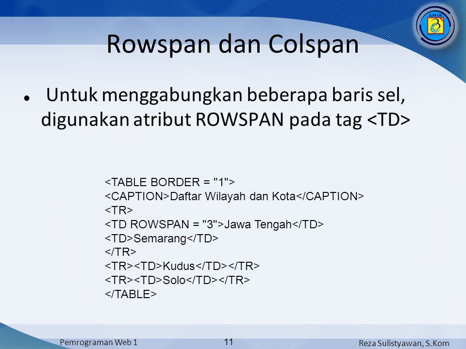 Rowspan dan Colspan Untuk menggabungkan beberapa baris sel, digunakan atribut ROWSPAN pada tag <TD>