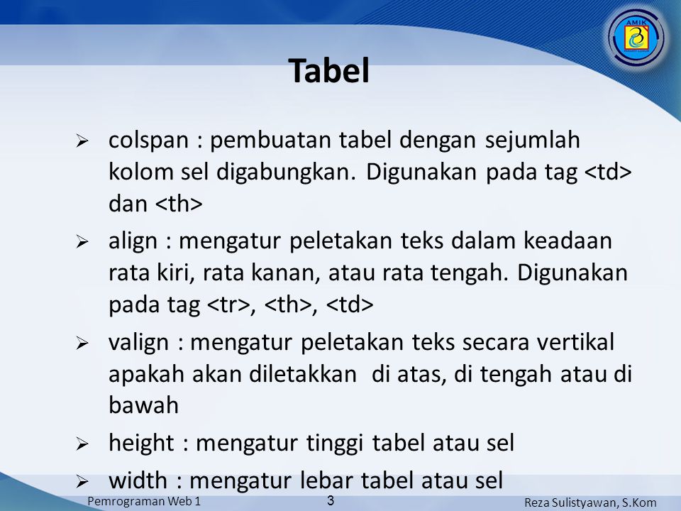 Tabel colspan : pembuatan tabel dengan sejumlah kolom sel digabungkan. Digunakan pada tag <td> dan <th>