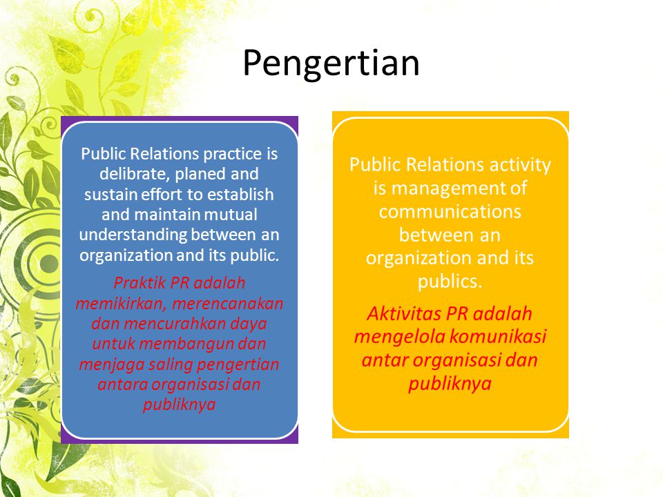Pengertian Public Relations activity is management of communications between an organization and its publics.