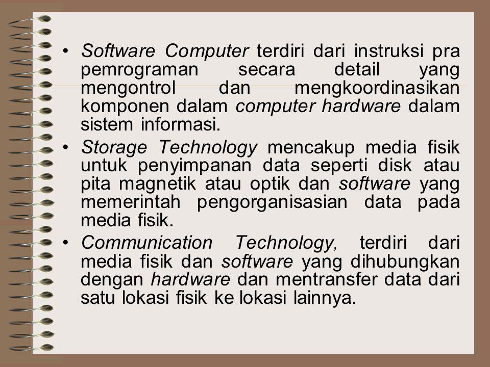 Software Computer terdiri dari instruksi pra pemrograman secara detail yang mengontrol dan mengkoordinasikan komponen dalam computer hardware dalam sistem informasi.