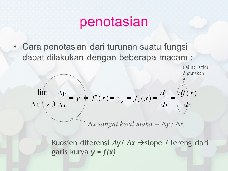 penotasian Cara penotasian dari turunan suatu fungsi dapat dilakukan dengan beberapa macam : Paling lazim digunakan.