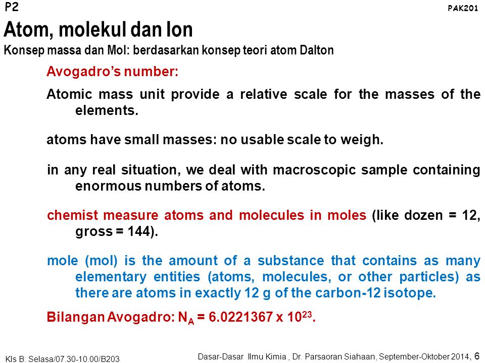 P2 PAK201. Atom, molekul dan Ion. Konsep massa dan Mol: berdasarkan konsep teori atom Dalton. Avogadro’s number: