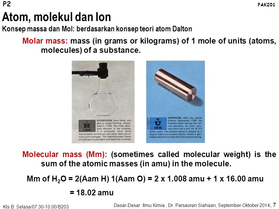 P2 PAK201. Atom, molekul dan Ion. Konsep massa dan Mol: berdasarkan konsep teori atom Dalton.