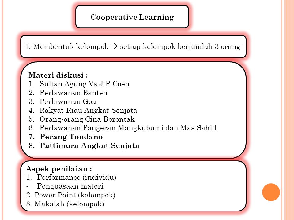 Cooperative Learning 1. Membentuk kelompok  setiap kelompok berjumlah 3 orang. Materi diskusi : Sultan Agung Vs J.P Coen.
