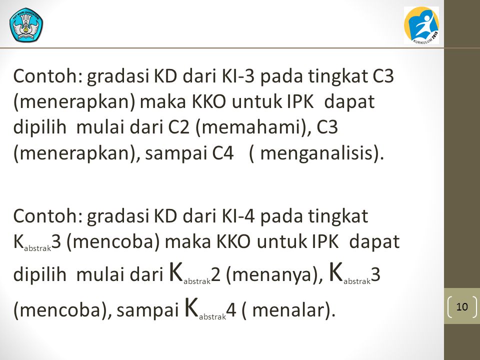 Contoh: gradasi KD dari KI-3 pada tingkat C3 (menerapkan) maka KKO untuk IPK dapat dipilih mulai dari C2 (memahami), C3 (menerapkan), sampai C4 ( menganalisis).