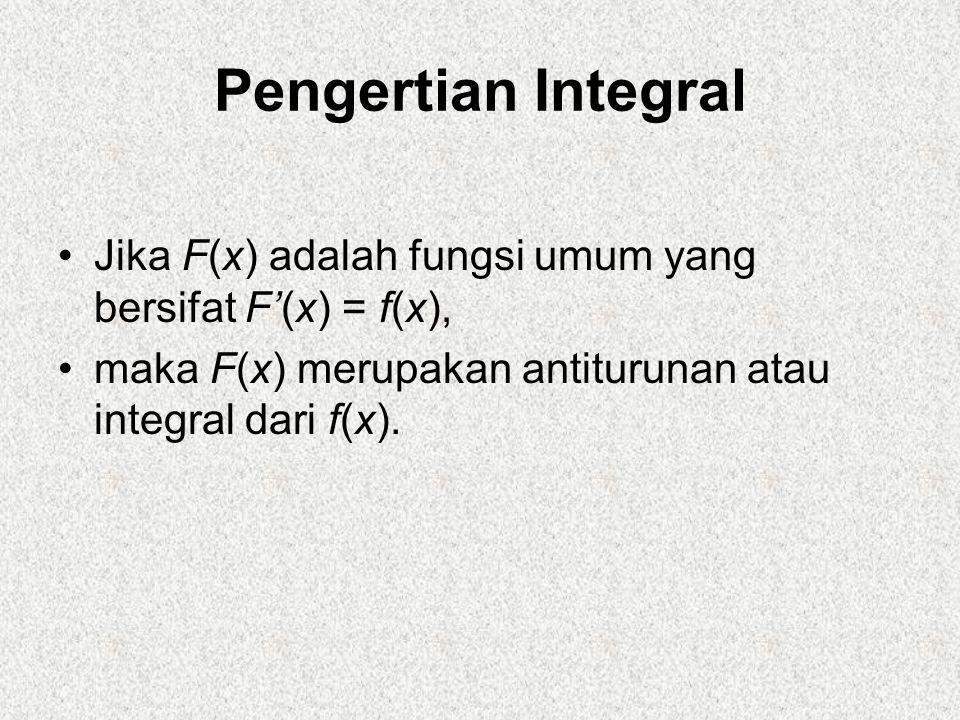 Pengertian Integral Jika F(x) adalah fungsi umum yang bersifat F’(x) = f(x), maka F(x) merupakan antiturunan atau integral dari f(x).