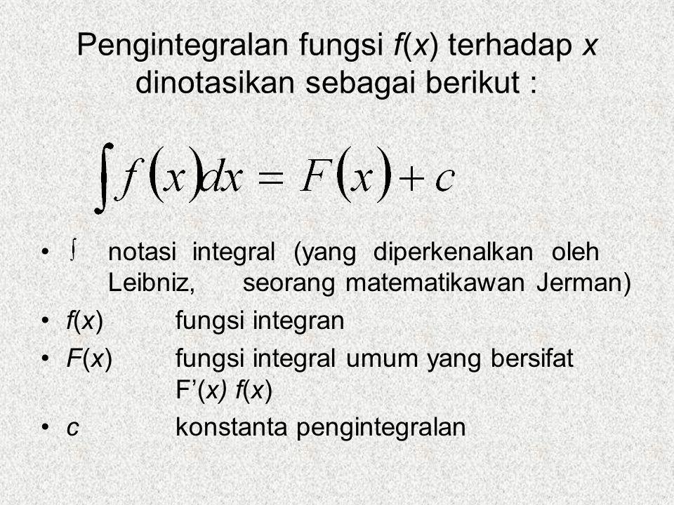 Pengintegralan fungsi f(x) terhadap x dinotasikan sebagai berikut :