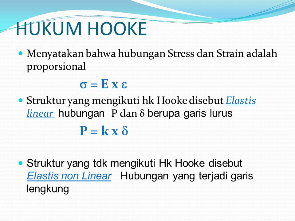 HUKUM HOOKE Menyatakan bahwa hubungan Stress dan Strain adalah proporsional. s = E x e.