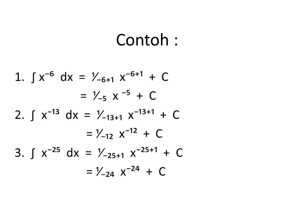 Contoh : ∫ x⁻⁶ dx = ⅟₋₆₊₁ x⁻⁶⁺¹ + C = ⅟₋₅ x ⁻⁵ + C