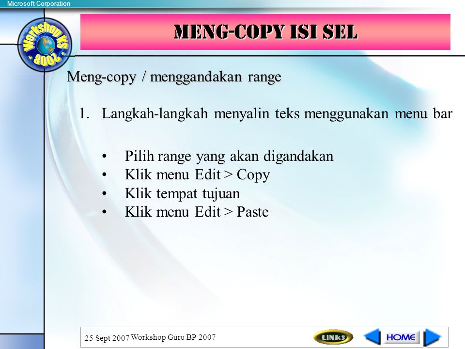 Meng-copy isi sel Meng-copy / menggandakan range