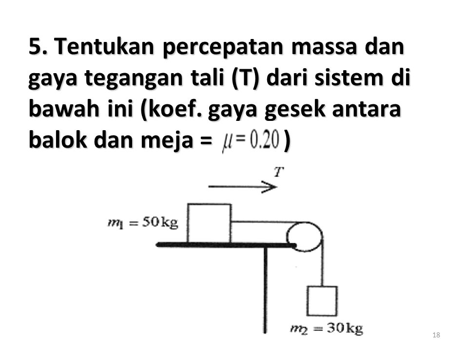 5. Tentukan percepatan massa dan gaya tegangan tali (T) dari sistem di bawah ini (koef.