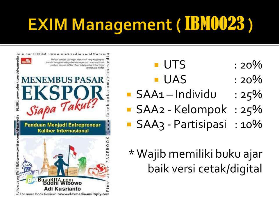 EXIM Management ( IBM0023 ) UTS : 20% UAS : 20% SAA1 – Individu : 25%