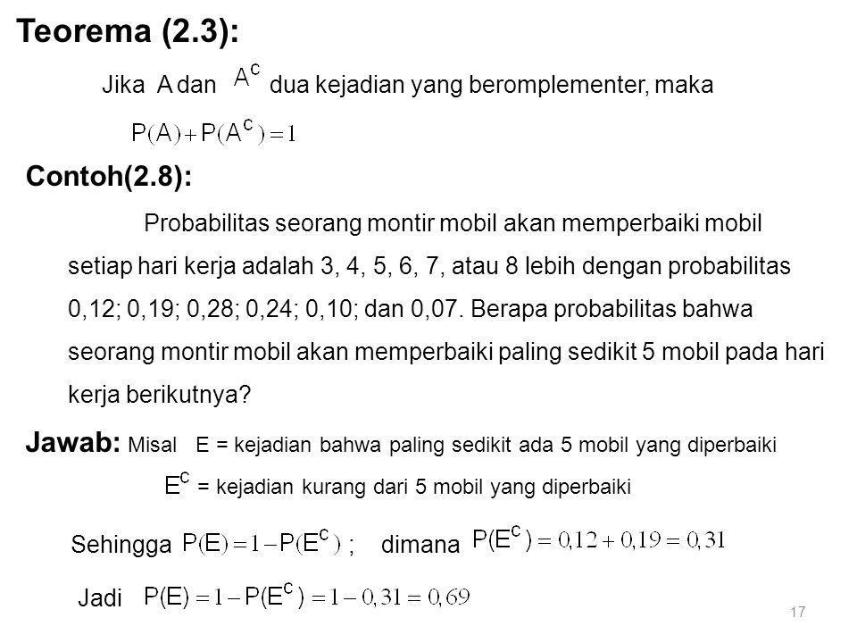 Teorema (2.3): Jika A dan dua kejadian yang beromplementer, maka. Contoh(2.8):