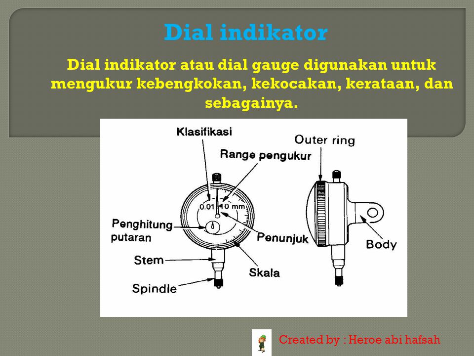 Dial indikator Dial indikator atau dial gauge digunakan untuk mengukur kebengkokan, kekocakan, kerataan, dan sebagainya.