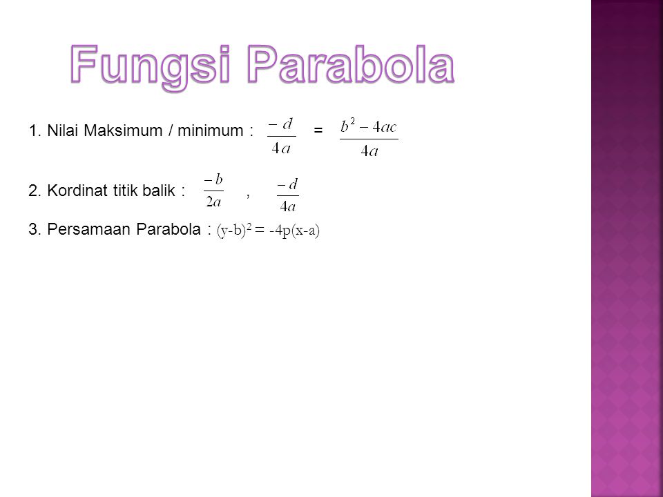 Fungsi Parabola 1. Nilai Maksimum / minimum : =