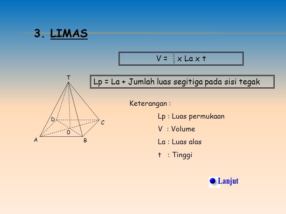 3. Limas V = x La x t. T. Lp = La + Jumlah luas segitiga pada sisi tegak. Keterangan : Lp : Luas permukaan.