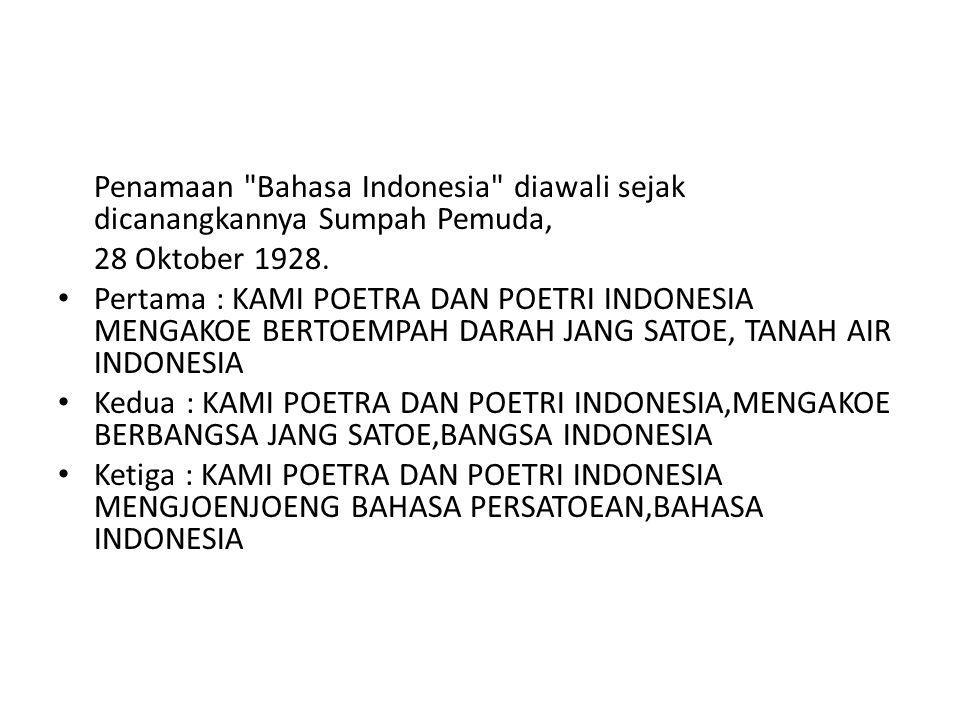 Penamaan Bahasa Indonesia diawali sejak dicanangkannya Sumpah Pemuda,